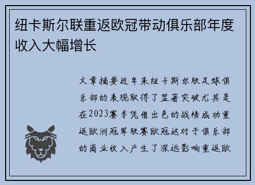 纽卡斯尔联重返欧冠带动俱乐部年度收入大幅增长 纽卡斯尔联重返欧冠带动俱乐部年度收入大幅增长